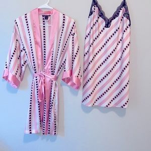 2 Pc Very Sexy Short Satin Kimono Vertical Heart Print Pink Stripe XS/S & Slip S